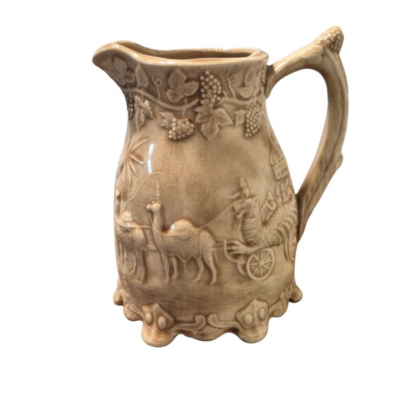 Other - Antique Victorian Drabware Pitcher Dragon Camels Elephant Grapes Pitcher England